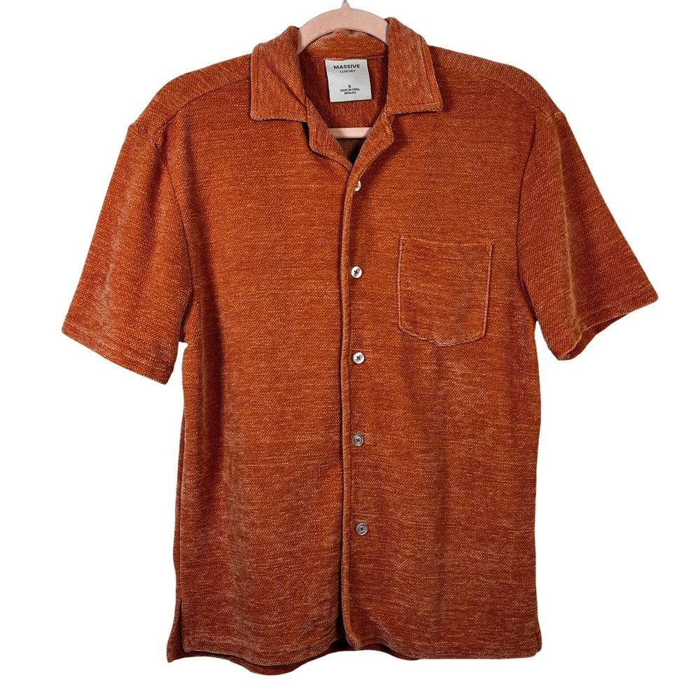 Massive Luxury Mens Rust Orange Textured Terry Cloth Short Sleeve Camp Shirt S